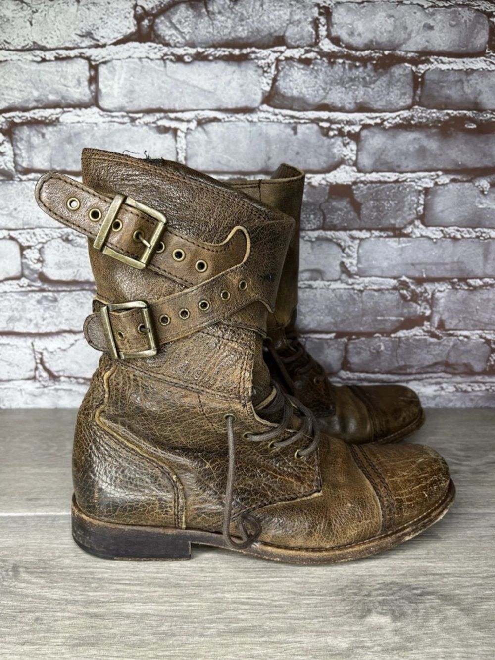 AllSaints Spitafields Damisi Brown Distressed Leather Combat Boots Women 39EU/8M